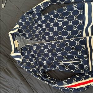 Gucci Blue Monogram Jacket with Red and White Stripes